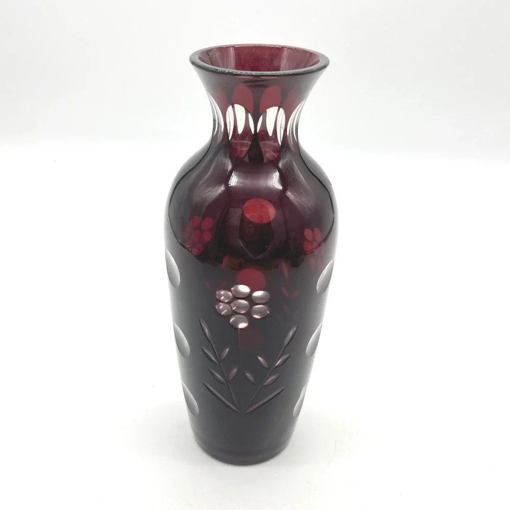Vintage Bohemian Ruby Red Cut to Clear Floral Glass Vase 7 Inch Cranberry